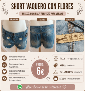 8cfad42fd37e496ec131223443cfc0c4c097ed5d94b05969562414fceb6865a6 Short vaquero con flores margaritas denim talla 40 verano