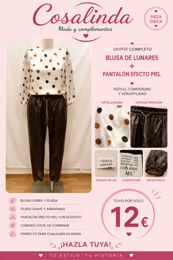 file_0000000031dc7246b003c84763de3f43 Outfit mujer elegante blusa lunares y pantalón efecto piel