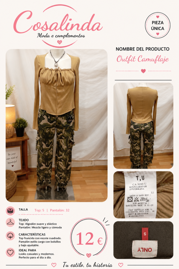 file_000000006c48720a89176343aabf0e8b Outfit mujer top beige manga larga y pantalón cargo camuflaje