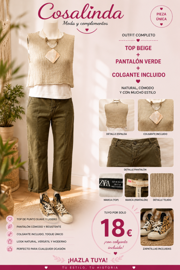 Outfit casual mujer beige y kaki Zara Bershka talla M 44