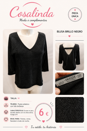 ✨ Camiseta brillante negra INSIDE | Escote en V y espalda abierta | Talla M