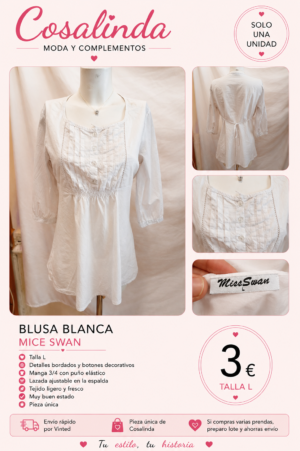 Blusa blanca Mice Swan boho con bordados y mangas 3/4 – Talla L