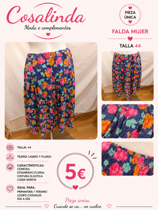 Falda floral mujer vintage | Talla 44 | Cintura elástica echa a mano
